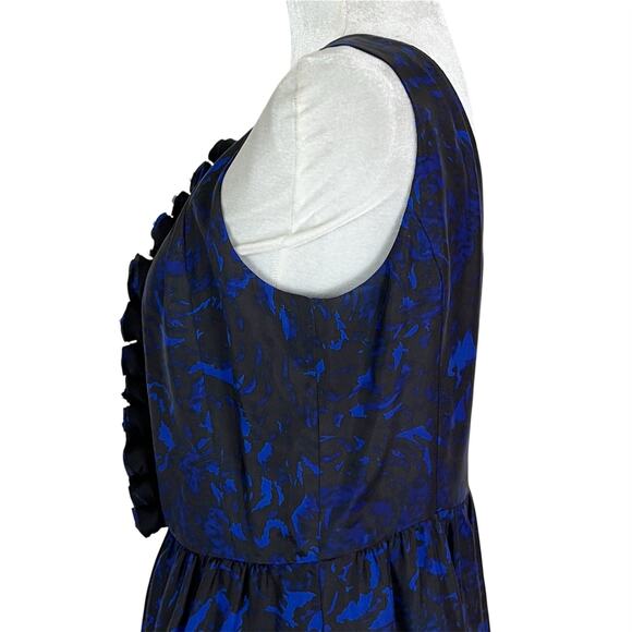 🎁 J. Crew Collection Black and Blue Floral Print Rosette Ruffle Silk Dress 8 - Picture 3 of 6